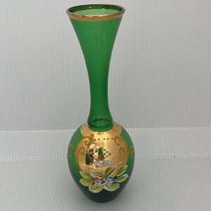 VINTAGE Green Glass Bud Vase Painted Decoration Floral Gold Trim Art Deco Style